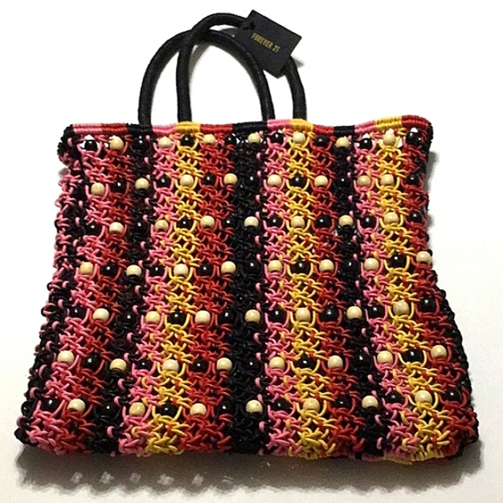 Forever 21 Beaded Cotton Weave Color Block Satchel
